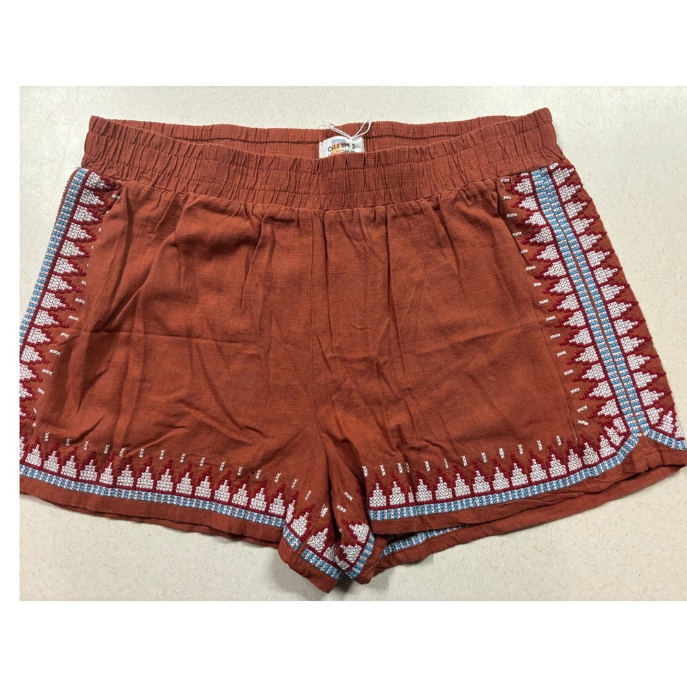 Cali 1850 Los Angeles Rust Orange Embroidered Linen Blend Shorts Womens Large